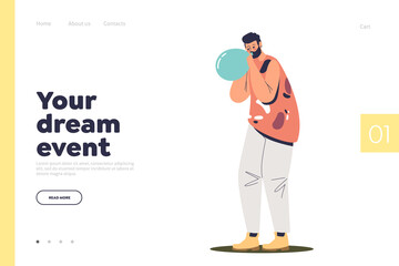 Event agency landing page with your dream event concept and young man blowing balloon