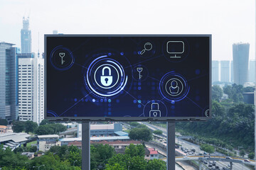 Padlock icon hologram on road billboard over panorama city view of Kuala Lumpur at day time to...