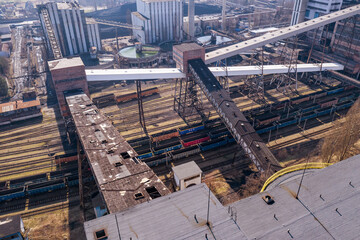 Aerial view of black coal mine in Poland. Industrial place from above. Heavy industry top view.