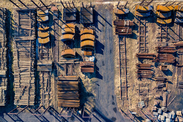 Aerial view of black coal mine in Poland. Industrial place from above. Heavy industry top view.