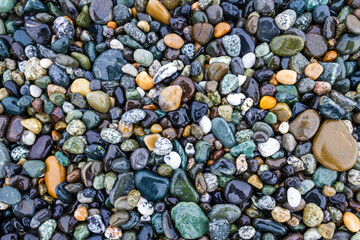 Colorful smooth rocks on the beach covered in water.
