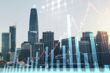 Fototapeta na wymiar Double exposure of abstract creative financial chart hologram on San Francisco skyscrapers background, research and strategy concept