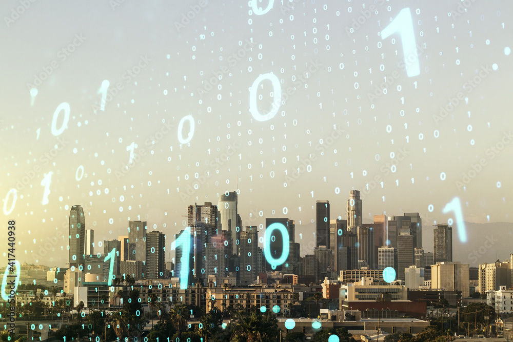 Poster abstract virtual binary code sketch on los angeles office buildings background, hacking and matrix c