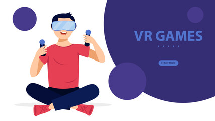 VR Games banner. Young man wearing virtual or augmented reality glasses. Boy using VR headset for education or games. Vector illustration.