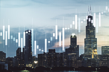 Abstract virtual financial graph hologram on Chicago cityscape background, financial and trading concept. Multiexposure