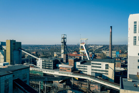 Aerial view of black coal mine in Poland. Industrial place from above. Heavy industry top view.