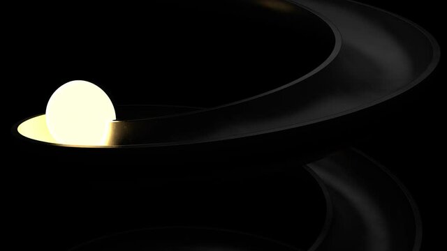 3d render of a sphere rolling down the pipe. Loopable animation sequence. The sphere is a half-illuminated, half dark, black helix pipe.