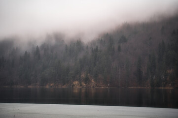 misty morning on the lake and fog in the forest