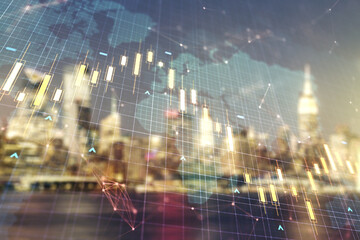 Double exposure of abstract creative financial diagram and world map on blurry office buildings background, banking and accounting concept