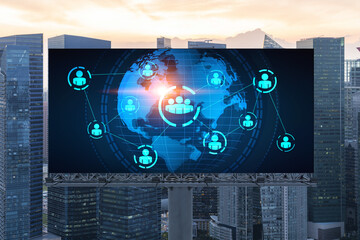 World planet Earth map hologram of social media icons over sunset panoramic cityscape of Singapore, Southeast Asia. The concept of people connections.