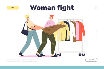 Woman fight on shopping concept of landing page with two females arguing in retail store