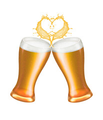painted two glasses of beer with a heart above them on a white background
