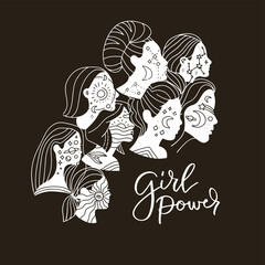 Women unity concept in black white, abstract aesthetic minimal linear style. Female faces with moon, stars, sun. Glamour trendy girl Silhouette composition. with lettering quote Girl power.