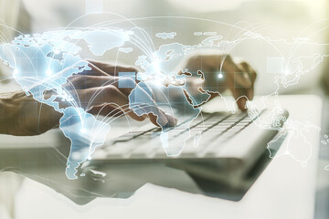 Abstract graphic digital world map with connections and hands typing on computer keyboard on background, globalization concept. Multiexposure