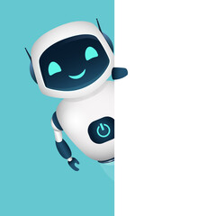 vector illustration robot peep out from behind the corner white walls banner on blue background