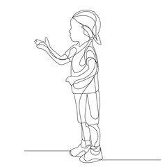 vector, isolated, one line drawing of a boy wearing a cap