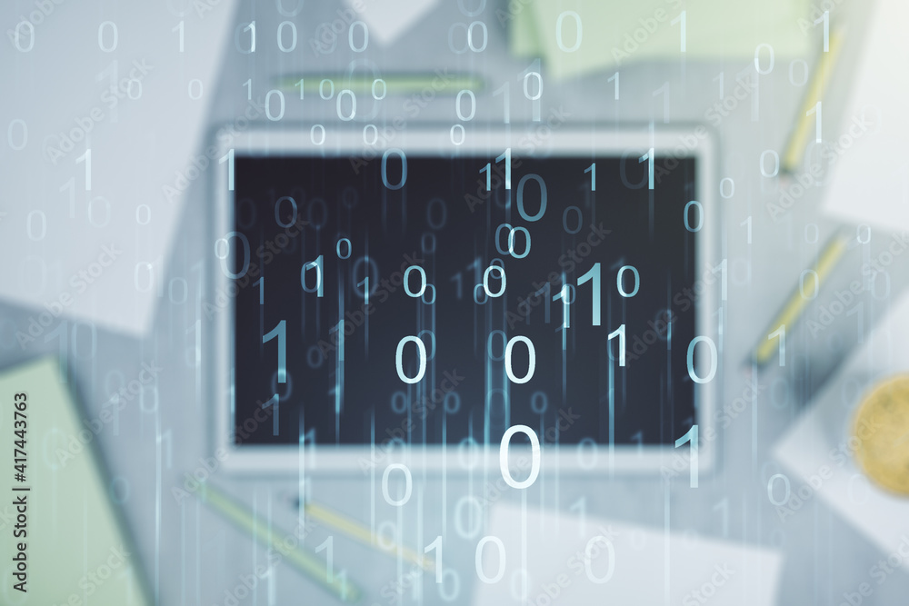 Poster creative concept of binary code illustration and modern digital tablet on background, top view. big 