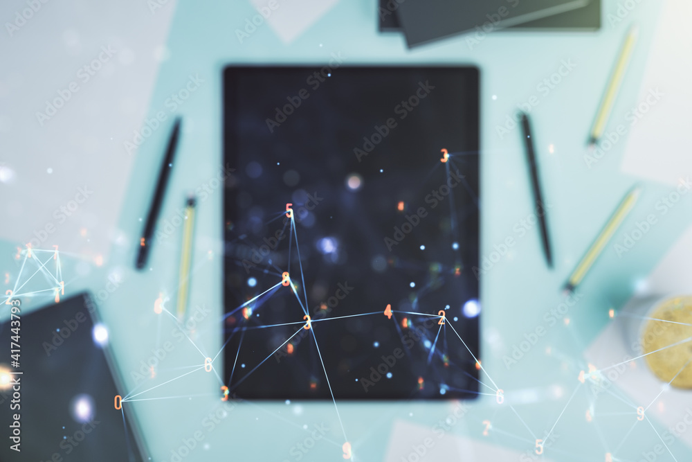Aufkleber double exposure of technology hologram and digital tablet on background, top view. research and deve