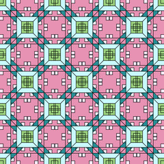 Vector seamless pattern of squares of pink and green shades, pink background.