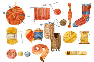 Set of hand-drawn knitting supplies. Watercolor woolen yarn. Basket with clews and domestic cats.