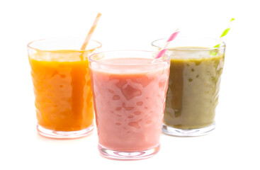 Three Varieties of Healthy Smoothies on a White Background
