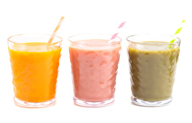 Three Varieties of Healthy Smoothies on a White Background