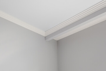 Detail of corner ceiling cornice with intricate crown molding.