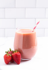 Strawberries Smoothie on a Bright White Kitchen Cabinet
