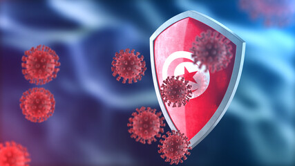 Tunisia protects from corona virus steel shield concept. Coronavirus Sars-Cov-2 safety barrier, defend against cells, source of covid-19 disease.