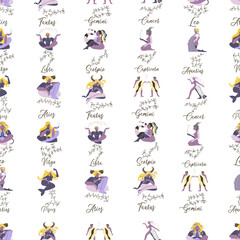 Pattern in the form of all the signs of the zodiac, complete in the author's manner on a light background with constellations - twigs, brunchs