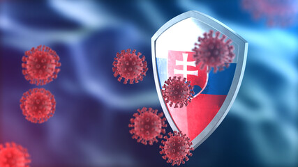Slovakia protects from corona virus steel shield concept. Coronavirus Sars-Cov-2 safety barrier, defend against cells, source of covid-19 disease.