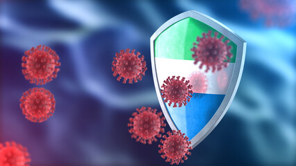 Sierra Leone protects from corona virus steel shield concept. Coronavirus Sars-Cov-2 safety barrier, defend against cells, source of covid-19 disease.