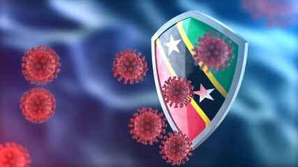Saint Kitts and Nevis protects from corona virus steel shield concept. Coronavirus Sars-Cov-2 safety barrier, defend against cells, source of covid-19 disease.