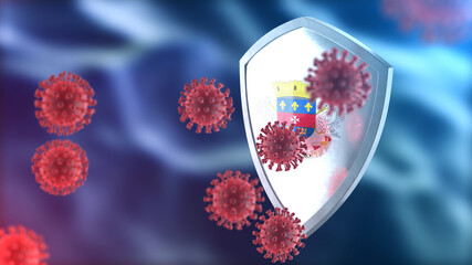 Saint Barthelemy protects from corona virus steel shield concept. Coronavirus Sars-Cov-2 safety barrier, defend against cells, source of covid-19 disease.