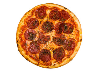 Pizza with salami sausage and parmesan cheese isolated on a white background