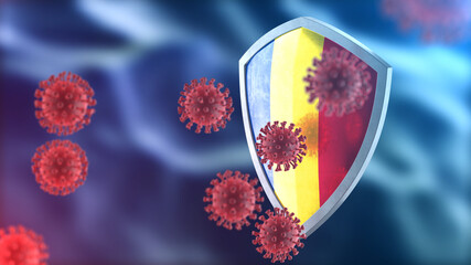 Romania protects from corona virus steel shield concept. Coronavirus Sars-Cov-2 safety barrier, defend against cells, source of covid-19 disease.