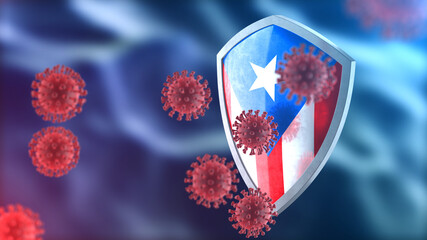 Puerto Rico protects from corona virus steel shield concept. Coronavirus Sars-Cov-2 safety barrier, defend against cells, source of covid-19 disease.