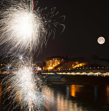Fireworks over city at night, Vilnius, Lithuania