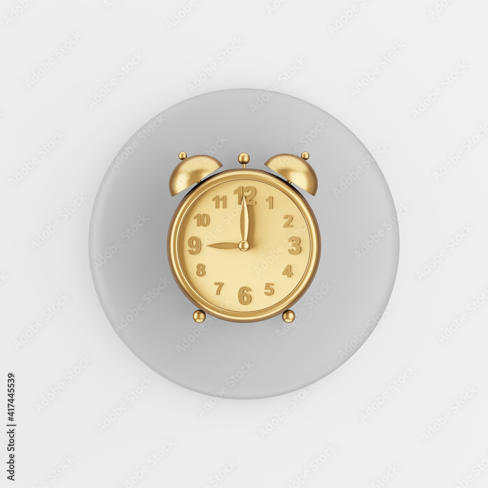 Poster golden vintage alarm clock icon. 3d rendering gray round key button, interface ui ux element.