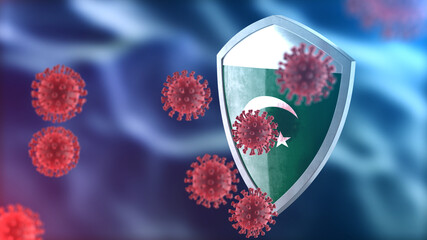Pakistan protects from corona virus steel shield concept. Coronavirus Sars-Cov-2 safety barrier, defend against cells, source of covid-19 disease.