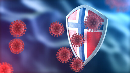 Norway protects from corona virus steel shield concept. Coronavirus Sars-Cov-2 safety barrier, defend against cells, source of covid-19 disease.