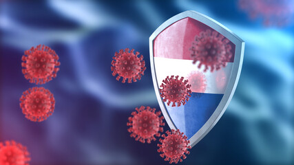 Netherlands protects from corona virus steel shield concept. Coronavirus Sars-Cov-2 safety barrier, defend against cells, source of covid-19 disease.