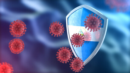 Nicaragua protects from corona virus steel shield concept. Coronavirus Sars-Cov-2 safety barrier, defend against cells, source of covid-19 disease.