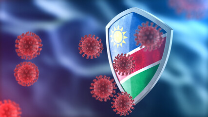 Namibia protects from corona virus steel shield concept. Coronavirus Sars-Cov-2 safety barrier, defend against cells, source of covid-19 disease.
