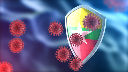 Myanmar protects from corona virus steel shield concept. Coronavirus Sars-Cov-2 safety barrier, defend against cells, source of covid-19 disease.