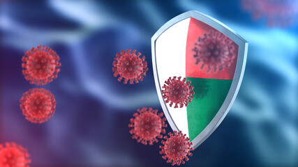 Madagascar protects from corona virus steel shield concept. Coronavirus Sars-Cov-2 safety barrier, defend against cells, source of covid-19 disease.