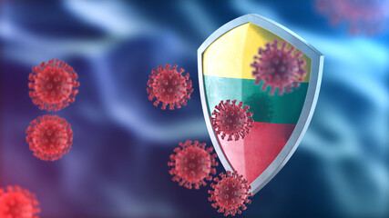 Lithuania protects from corona virus steel shield concept. Coronavirus Sars-Cov-2 safety barrier, defend against cells, source of covid-19 disease.