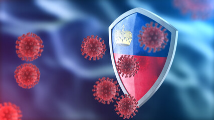 Liechtenstein protects from corona virus steel shield concept. Coronavirus Sars-Cov-2 safety barrier, defend against cells, source of covid-19 disease.