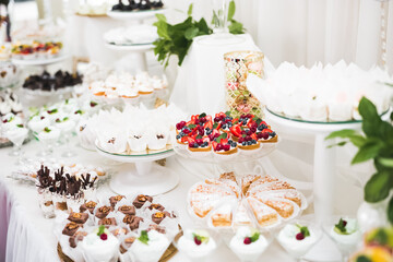 Delicious sweets on wedding candy buffet with desserts, cupcakes