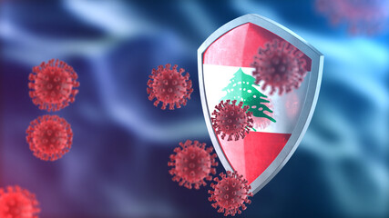 Lebanon protects from corona virus steel shield concept. Coronavirus Sars-Cov-2 safety barrier, defend against cells, source of covid-19 disease.
